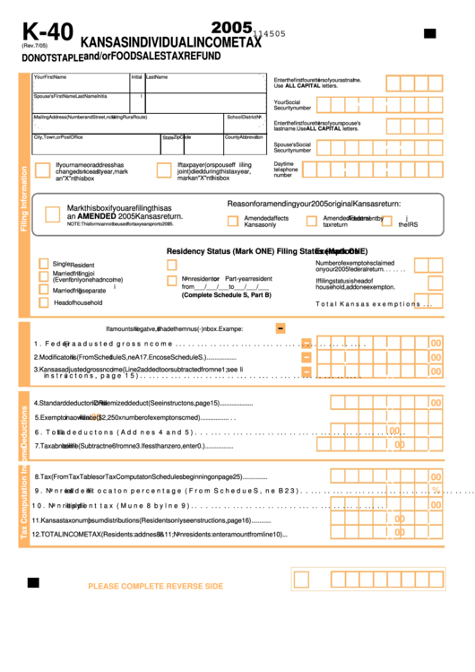 Form K-40 - Kansas Individual Income Tax - 2005 Printable pdf