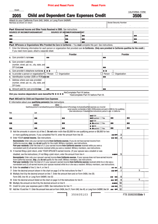 Fillable California Form 3506 - Child And Dependent Care Expenses Credit - 2005 Printable pdf