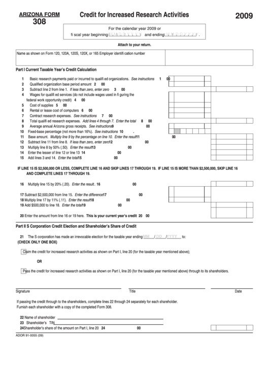 Arizona Form 308 - Credit For Increased Research Activities - 2009 Printable pdf