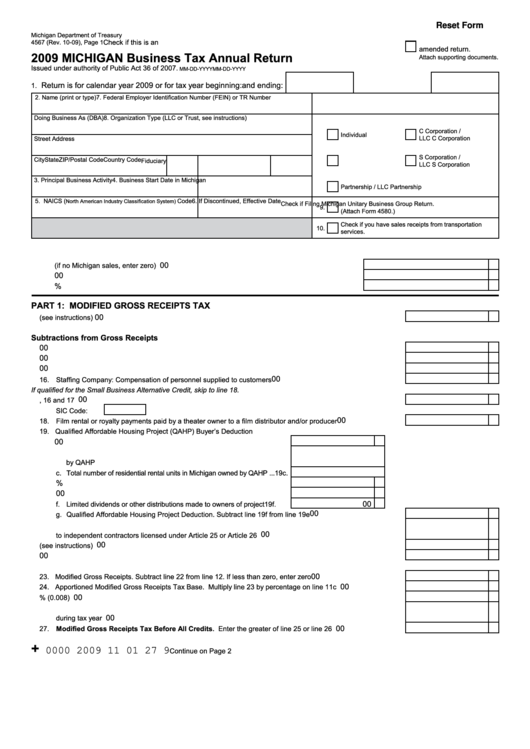 Fillable Form 4567 - Michigan Business Tax Annual Return - 2009 Printable pdf
