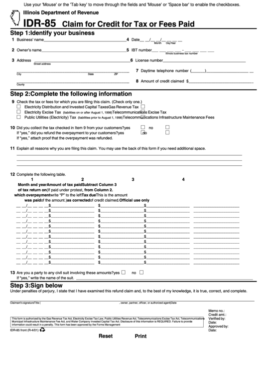 Fillable Form Idr-85 - Claim For Credit For Tax Or Fees Paid Printable pdf