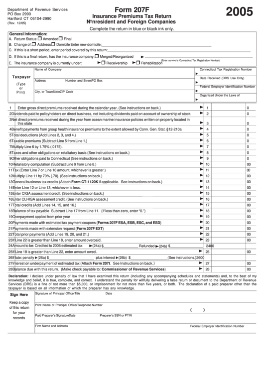 Form 207f - Insurance Premiums Tax Return Nonresident And Foreign Companies - 2005 Printable pdf