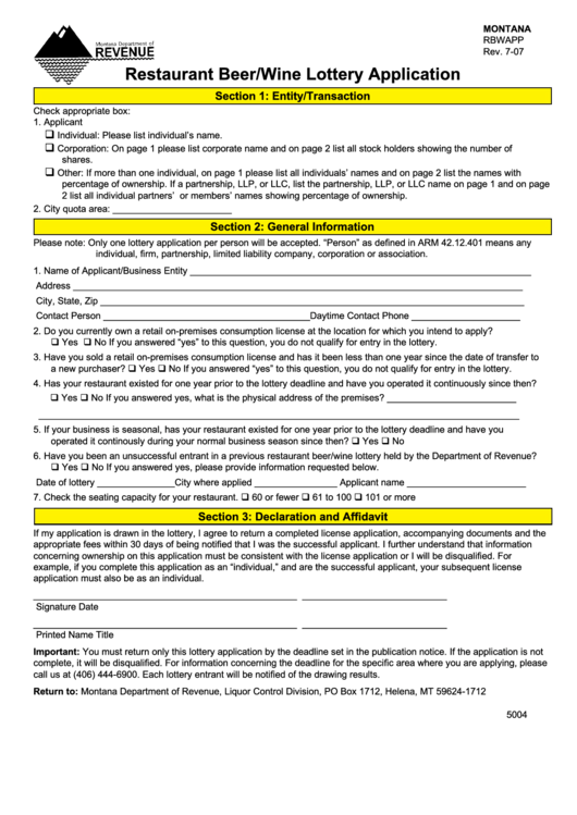 Form Rbwapp - Restaurant Beer/wine Lottery Application Printable pdf