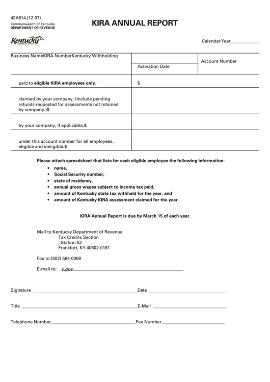 Form 42a814 Kira Annual Report - Kentucky 2007 Printable pdf