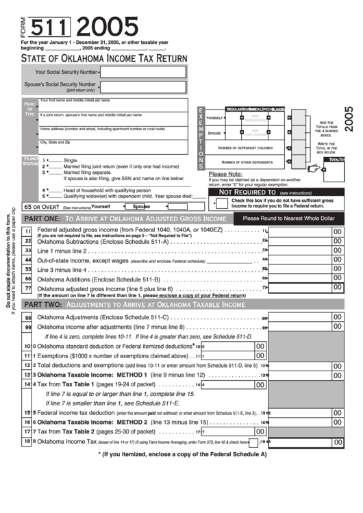 Form 511 - State Of Oklahoma Income Tax Return - 2005 Printable pdf