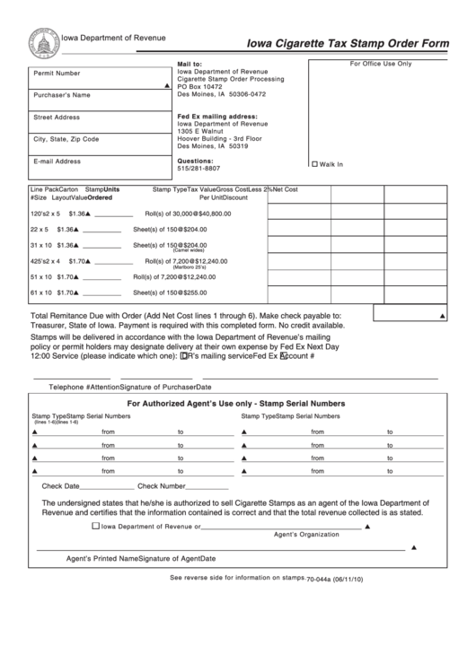 Form 70-044 - Iowa Cigarette Tax Stamp Order Form Printable pdf