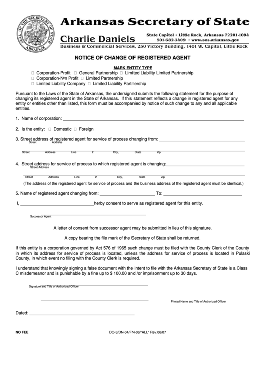 Notice Of Change Of Registered Agent Form - Arkansas Secretary Of State Printable pdf