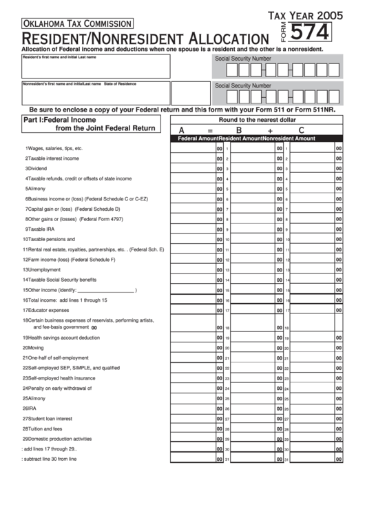 Fillable Form 574 - Resident/nonresident Allocation - 2005 Printable pdf