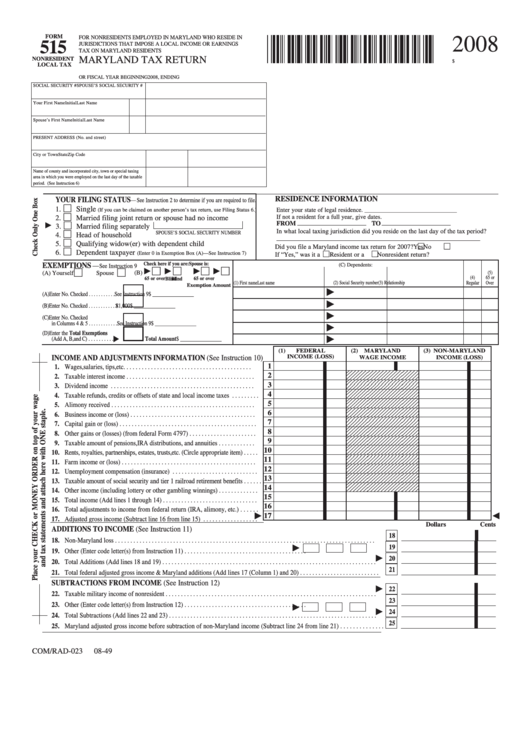 Fillable Form 515 - Maryland Tax Return - 2008 Printable pdf