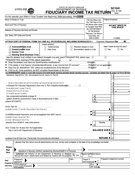 Form Sc1041 - Fiduciary Income Tax Return - 2008 Printable pdf