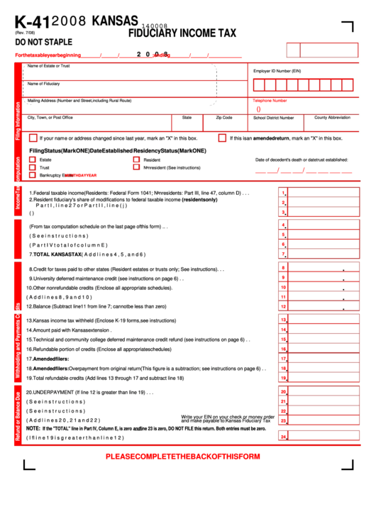 Form K-41 - Kansas Fiduciary Income Tax - 2008 Printable pdf