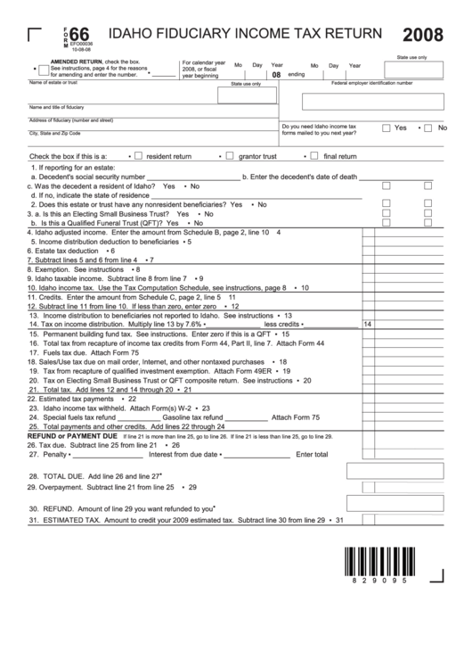 Fillable Form 66 - Idaho Fiduciary Income Tax Return Form 2008 Printable pdf