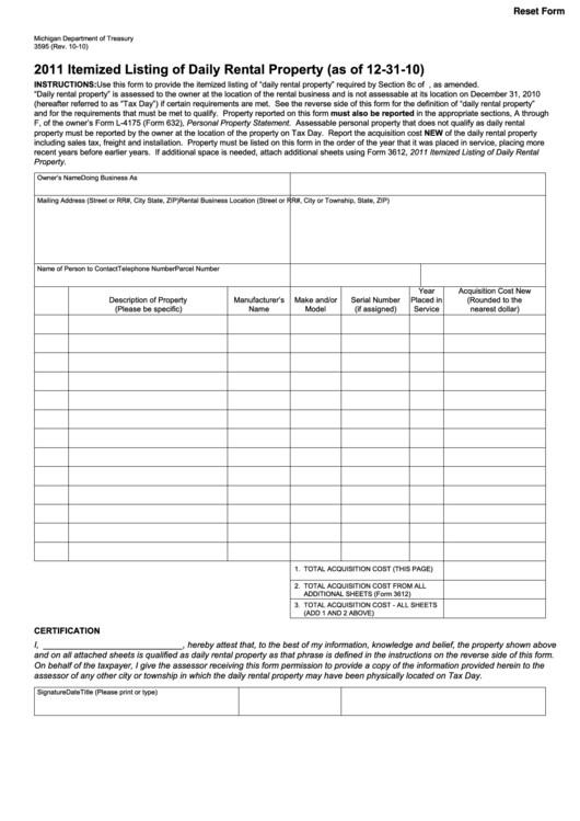 Fillable Form 3595 - Itemized Listing Of Daily Rental Property - 2011 Printable pdf