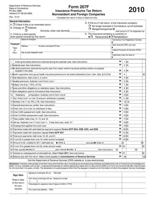 Form 207f - Insurance Premiums Tax Return Form - Connecticut 2010 Printable pdf