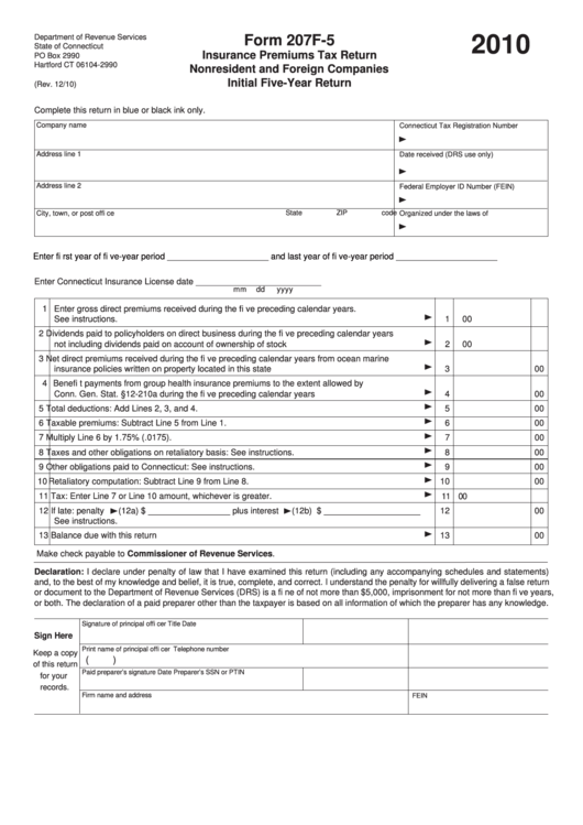 Form 207f-5 - Insurance Premiums Tax Return - Nonresident And Foreign Companies, Initial Five-Year Return - 2010 Printable pdf