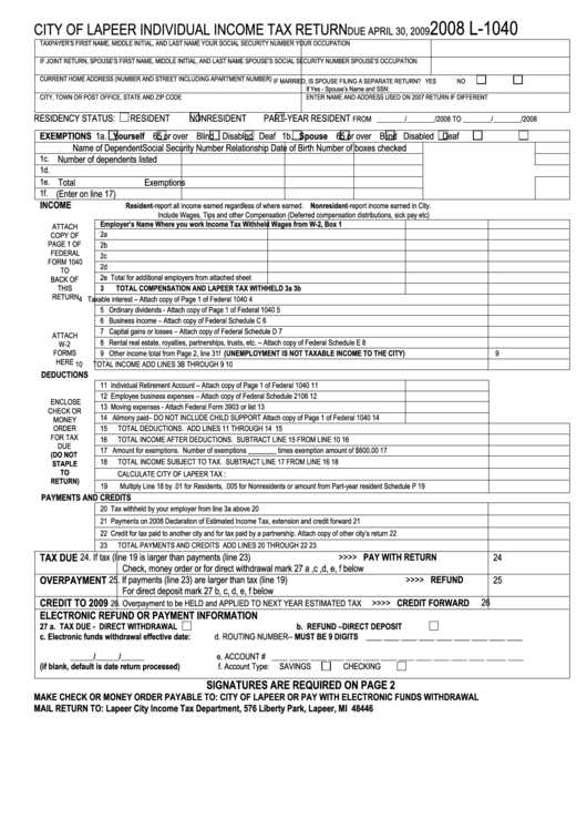 Form L-1040 - City Of Lapeer Individual Income Tax Return - 2008 Printable pdf