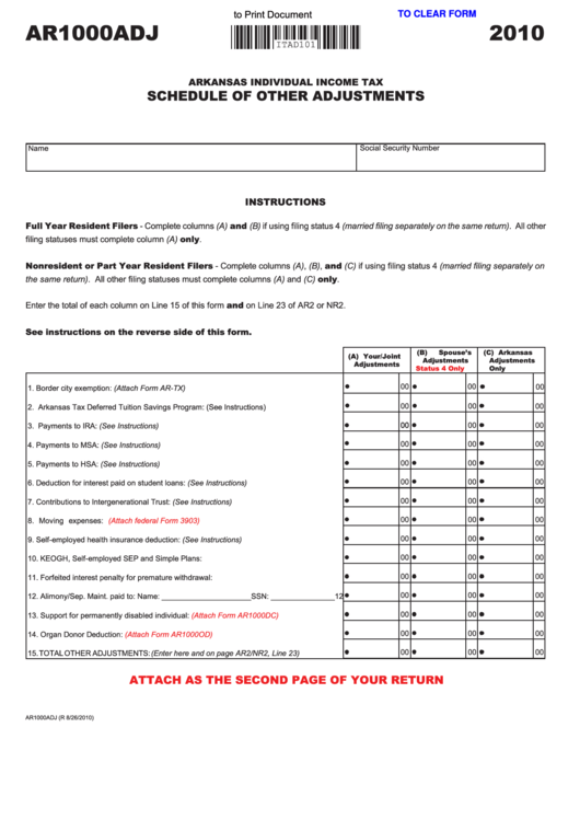 Fillable Form Ar1000adj - Schedule Of Other Adjustments - 2010 Printable pdf