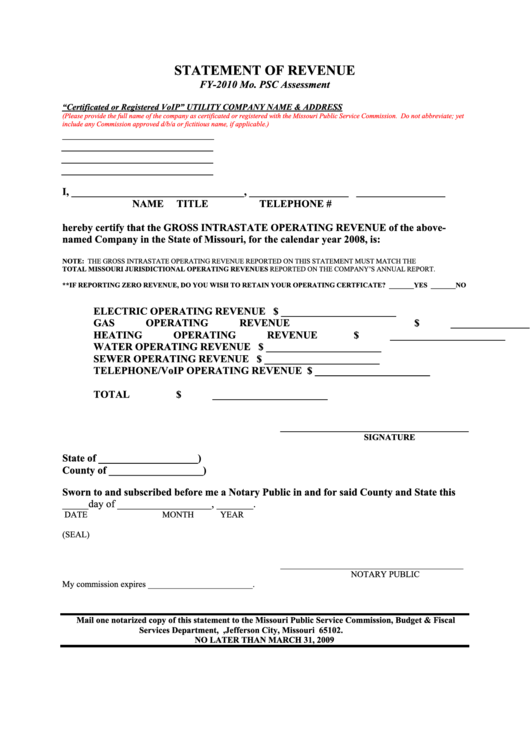 Missouri Statement Of Revenue Form - 2008 Printable pdf