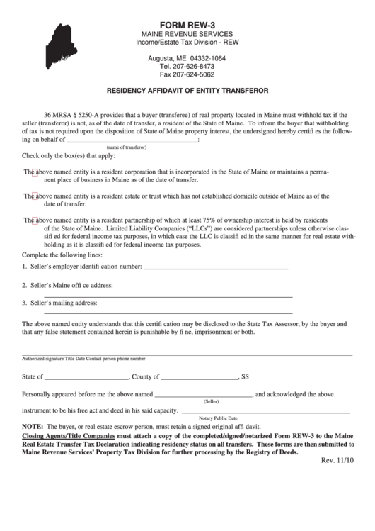Form Rew-3 - Residency Affidavit Of Entity Transferor - 2010 Printable pdf