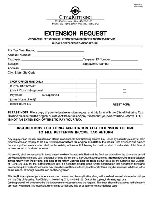 Fillable Form Kx-1 - Application For Extension Of Time To File Kettering Income Tax Return - 2005 Printable pdf