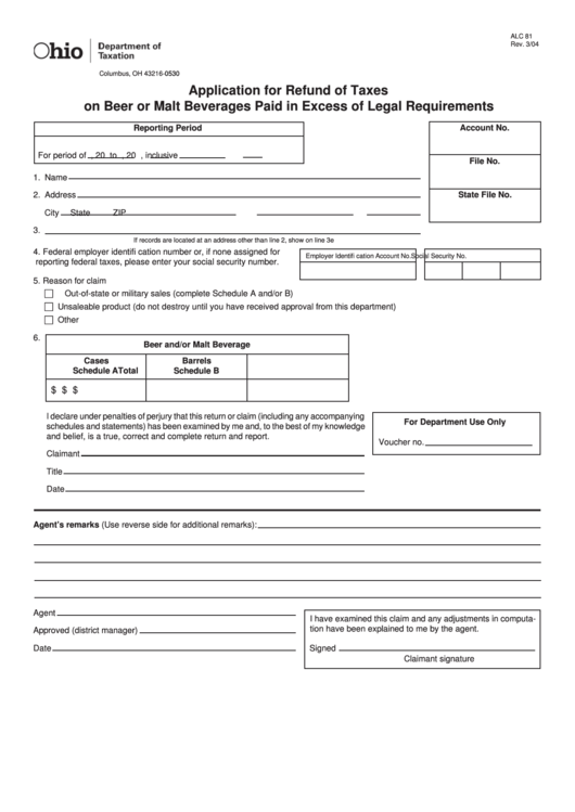 Application Form For Refund Of Taxes On Beer Or Malt Beverages Paid In Excess Of Legal Requirements Printable pdf