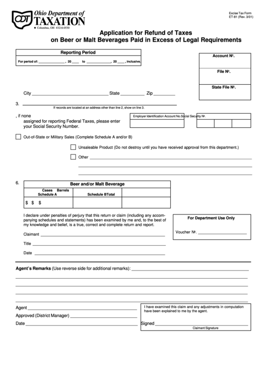 Form Et-81 - Application Form For Refund Of Taxes On Beer Or Malt Beverages Paid In Excess Of Legal Requirements Printable pdf