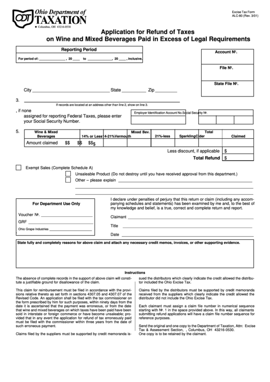 Form Alc-80 - Application For Refund Of Taxes On Wine And Mixed Beverages Paid In Excess Of Legal Requirements Form - Ohio Department Of Taxation Printable pdf