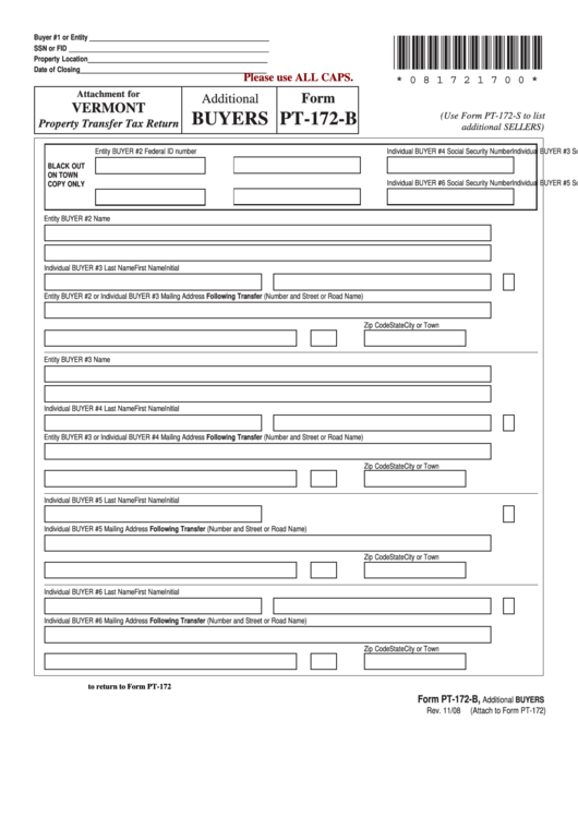 Fillable Form Pt-172-B - Property Transfer Tax Return - Buyers Printable pdf