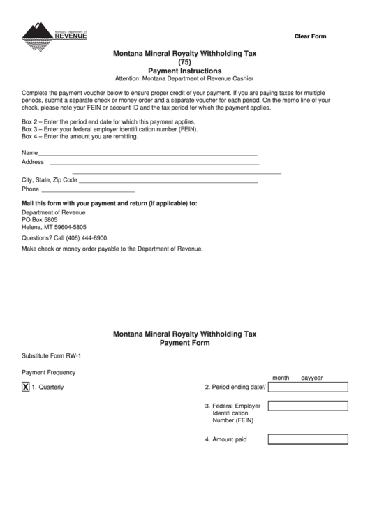 Fillable Form Rw-1 - Mineral Royalty Withholding Tax Payment Printable pdf