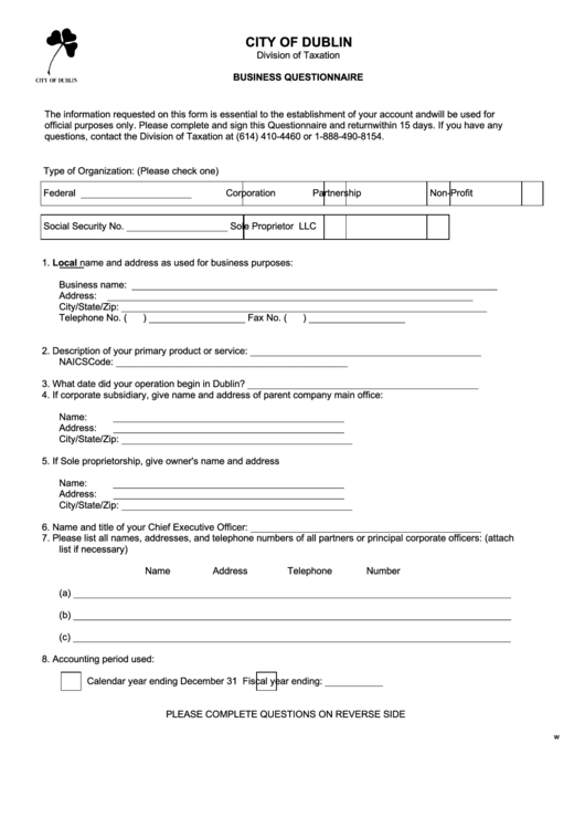 Fillable Business Questionnaire - City Of Dublin Division Of Taxation Printable pdf