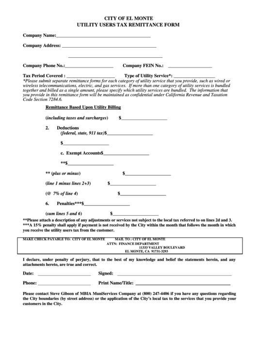 Utility Users Tax Remittance Form - City Of El Monte Printable pdf
