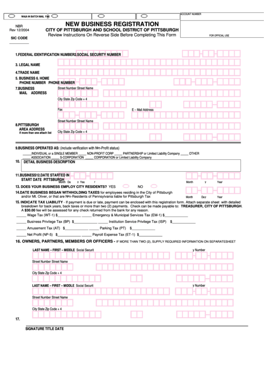 New Business Registration Form - City Of Pittsburgh Printable pdf