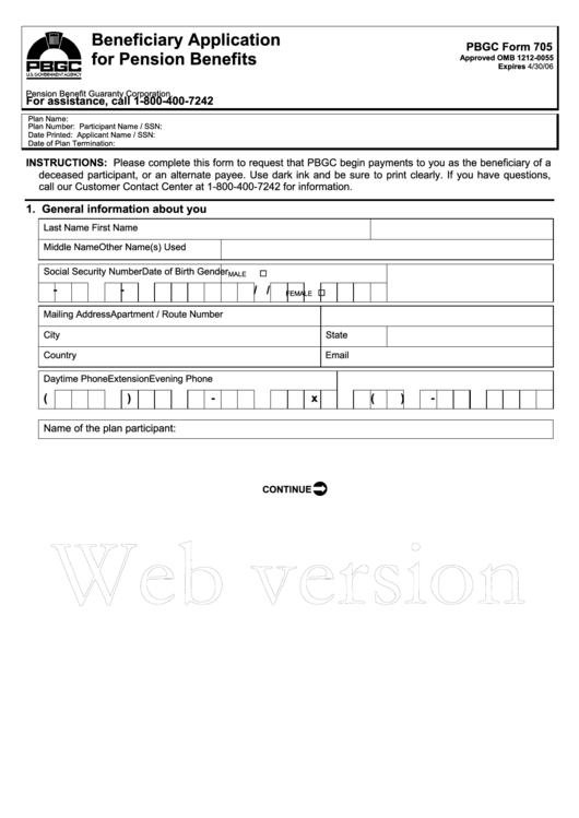 Pbgc Form 705 - Beneficiary Application For Pension Benefits - 2006 Printable pdf