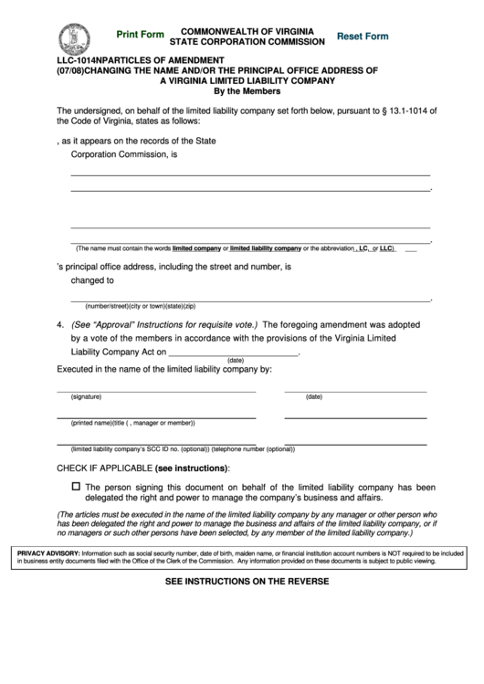 Fillable Form Llc-1014np - Articles Of Amendment Changing The Name And/or The Principal Office Address Of A Virginia Limited Liability Company (2008) Printable pdf