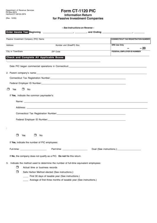 Form Ct-1120 Pic - Information Return For Passive Investment Companies - 2005 Printable pdf