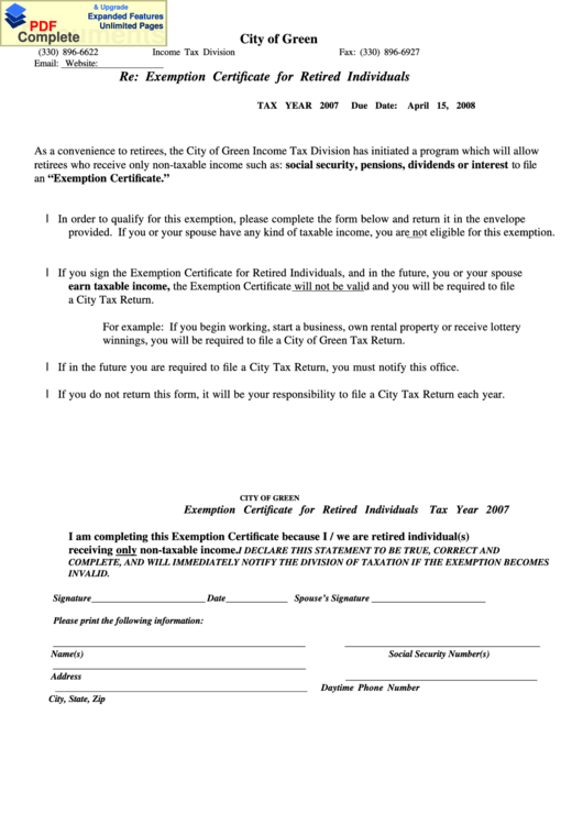 City Of Green Exemption Certificate For Retired Individuals - 2007 Printable pdf