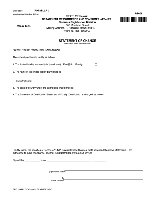 Fillable Form Llp-3 - Statement Of Change - 2006 Printable pdf