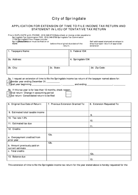 Application To Extension Of Time To File Income Tax Return Form - City Of Springdale, South Carolina - Tax Commission Printable pdf