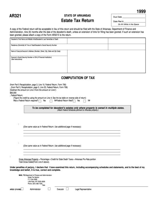 Form Ar321 - Estate Tax Return 1999 - Arkansas 1999 Printable pdf