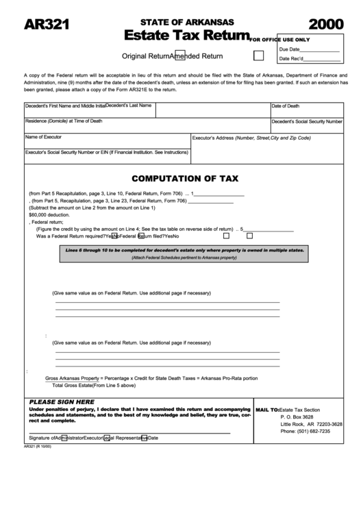 Form Ar321 - Estate Tax Return - 2000 Printable pdf