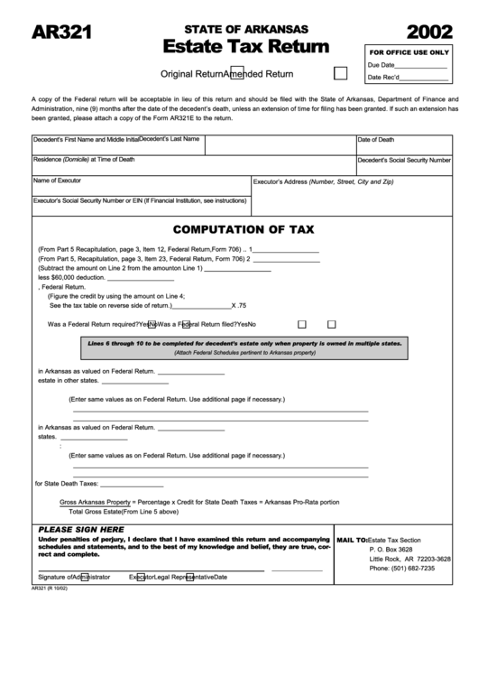 Form Ar321 - Estate Tax Return - 2002 Printable pdf