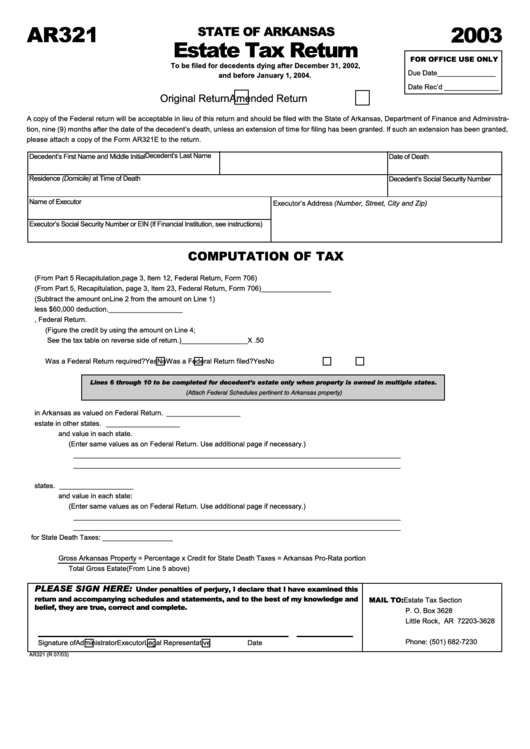 Form Ar321 - Estate Tax Return - 2003 Printable pdf
