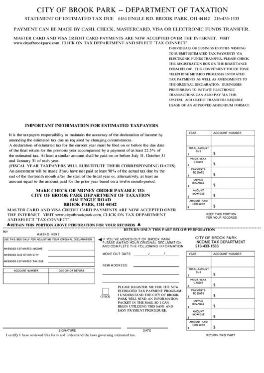 Estimated Taxpayment Form - City Of Brook Park - Department Of Taxation Printable pdf