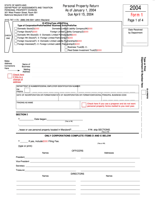 Fillable Form 1 - Personal Property Return - 2004 Printable pdf