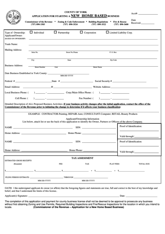 Fillable Application For Starting A New Home Based Business Form - County Of York, Virginia Printable pdf