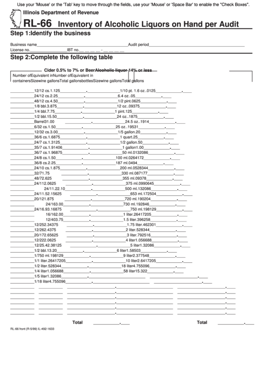 Fillable Form Rl-66 - Inventory Of Alcoholic Liquors On Hand Per Audit - Illinois 1999 Printable pdf
