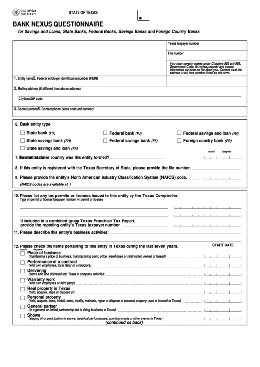 Fillable Ap-223 12/07 - Bank Nexus Questionnaire - State Of Texas Printable pdf