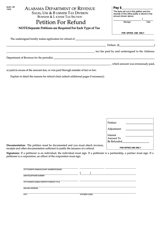 Fillable Petition For Refund Form - Alabama Department Of Revenue Printable pdf