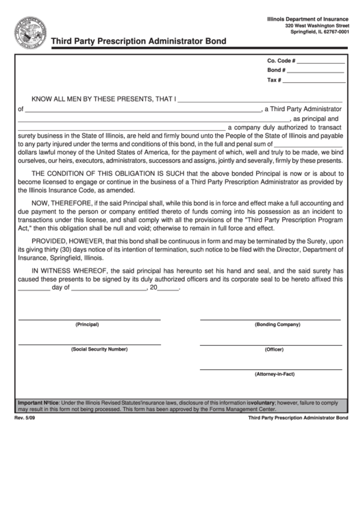 Third Party Prescription Administrator Bond Form - Illinois Department Of Insurance Printable pdf