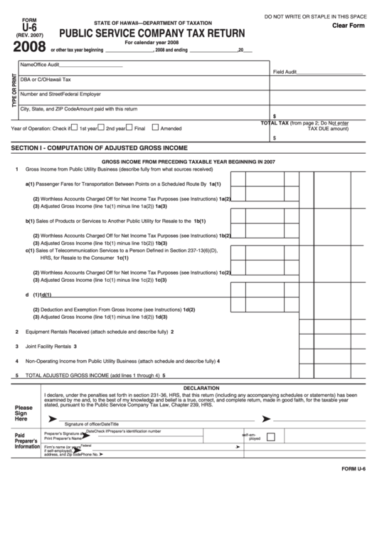 Fillable Form U-6 - Public Service Company Tax Return - 2008 Printable pdf